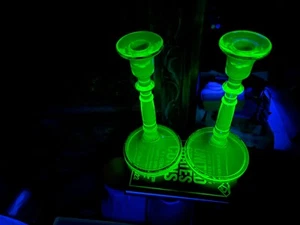 pr 9 1/4 inches tall green depression glass candle sticks uranium UV glow - Picture 1 of 14