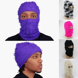 Fuzzy Halloween Knitted Fleece Fuzzy Ski Mask Balaclava Distressed Full Face - Picture 1 of 18