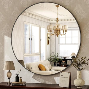 round Mirror 30 Black Wall Mounted Circle Mirrors Vanity Mirror with Brushed Alu - Picture 1 of 8