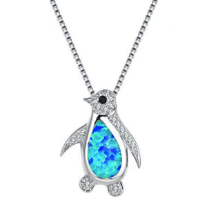 Fashion Lady Silver Penguin Blue Simulated Opal Pendant Necklace Wedding Jewelry