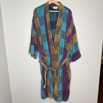 De Colección Bill Blass Ropa de Hombre Bata de Algodón Retro Cuadros Terrycloth Cinturón Años 90 Boho OS Foto 1 de 4