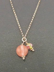 925 Sterling Silber 16" Rolo Kette Rosa & Floral Kunst Glas Anhänger Halskette  - Bild 1 von 7