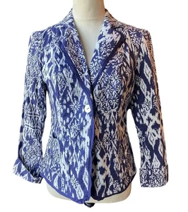 Coldwater Creek Ikat Print 3/4 Sleeve Blazer Jacket Women's Size P14 Blue White - Picture 1 of 9