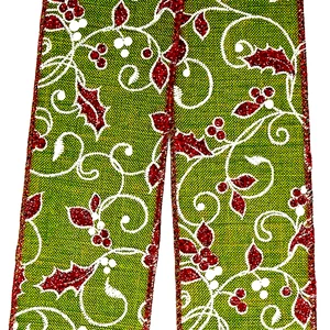 Christmas Red Glitter Holly Berry 2.5" by 2 yds Green Wired Ribbon White Accent - Picture 1 of 6