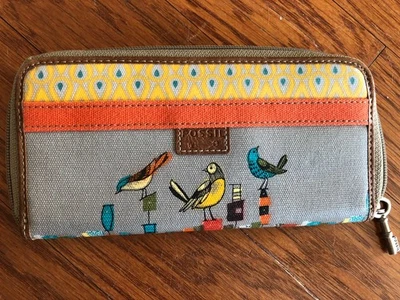 Fossil Key-Per Zip Around Wallet Birds Print Yellow Lining w/ Key Charm - Image 1 of 4