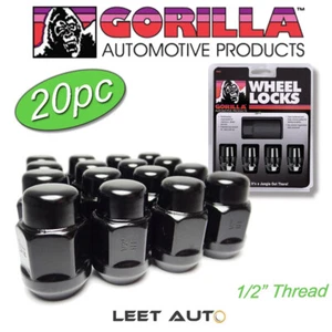 (20pc.) Gorilla Lug Nuts + Wheel Locks, 1/2" Thread, Bulge Acorn, Black Chrome - Picture 1 of 5
