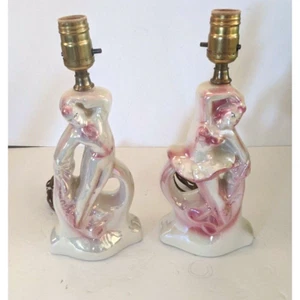 Vintage Ballerina Lamp Pair Couple Ballet Pink Iridescent Dance Ceramic - Picture 1 of 5