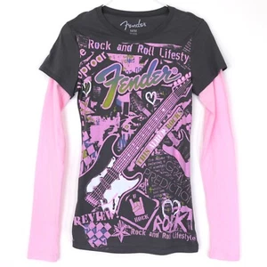 Fender Guitars Girl's Long Sleeve Tee Size Medium Rock & Roll Layered Gray Pink - Picture 1 of 12