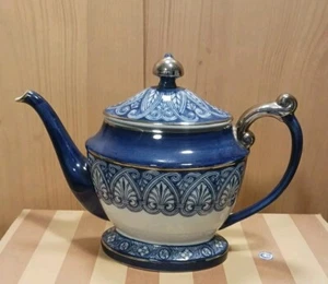 Bombay Company Cobalt Blue White Tea Pot with Lid Silver Trim - Picture 1 of 5