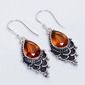 Garnet Gemstone Vintage Handmade 925 Sterling Silver Earrings 1.9" p226 - Picture 1 of 6