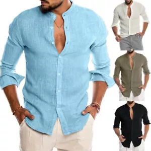 Mens Linen Style Solid Shirts Long Sleeve Casual Fit Formal Dress Top Tee Shir ∂ - Picture 1 of 16