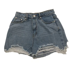 Missguided Denim Shortie Shorts Sz 4 Blue Jeans High Waist Distressed Ripped Hem - Picture 1 of 9