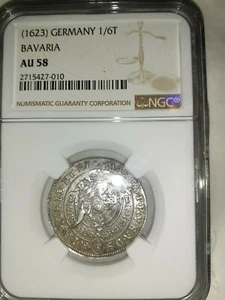 Rare 1623 AU 58 German 1/6 Thaler (NGC value: $650) - Picture 1 of 3