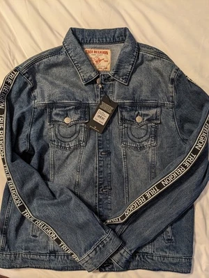 Chaqueta de mezclilla True Religion Jeans para hombre S lavado de marea medio logotipo cinta 700380 Foto 1 de 4