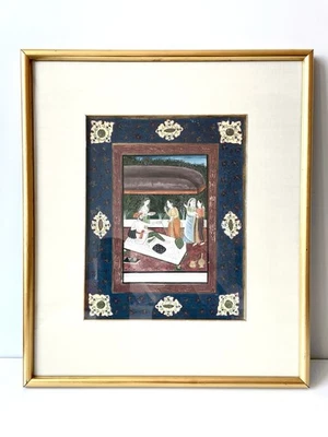 Arte de pared indio vintage pintado a mano Radha Krishna - escena de jardín enmarcada - 18x21 Foto 1 de 4