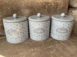 Enamel Tea Coffee Sugar Canisters Grey - Bild 1 von 10