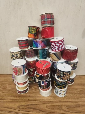 Holiday Christmas Ribbon Lot Of 40+ Rolls 1" 2" 3" Some Wire edge - Image 1 of 4