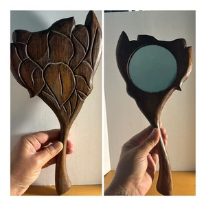 Vintage Art Nouveau Hand Carved Wooden Handheld Mirror Leaves Petals Must See! - Picture 1 of 14