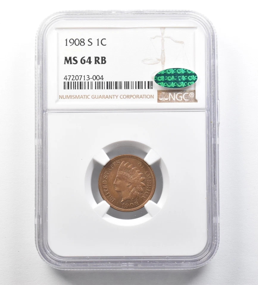 1908-S Indian Head Cent MS64 RB NGC CAC *3470 - Image 1 of 3