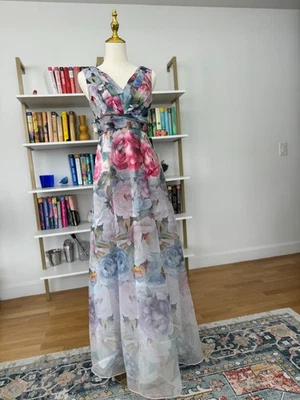 Adrianna Papell Pink/Blue/Gray Floral V Neck Sleeveless Ball Gown Size 0 BNWT! - Image 1 of 4