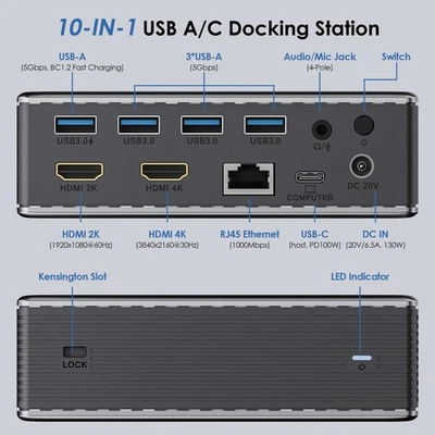 Universal-Laptop-Dockingstation mit zwei HDMI-Anschlüssen Display-Hub PD 100W - Bild 1 von 4