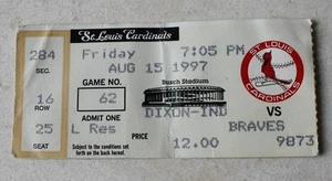 Boleto de los Cardenales de San Luis VS Atlanta Braves 15 de agosto de 1997 Busch Stadium - - Imagen 1 de 1