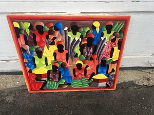 Emmanuel Valcin Haiti Marktszene Gemälde Naive Volkskunst Bunt 24x20 - Bild 1 von 5