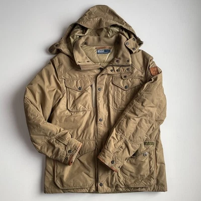 Polo Ralph Lauren (L) Olive Down Softshell Hooded Leather Sportsman Parka Coat - Image 1 of 4