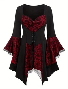 Gothic Steampunk Whimsy Asymmetric Lace Skull Corset Dress Flare Sleeves Size 18 - Picture 1 of 14