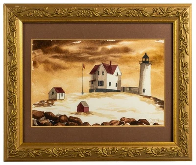 Faro costero vintage de Nueva Inglaterra en invierno, acuarela, firmado y enmarcado Foto 1 de 4
