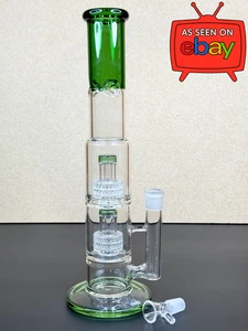 16” Double Matrix Perc Glass Bong – Green Thick Water Pipe Hookah w/ 18mm Bowl - Picture 1 of 12
