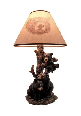 Zeckos Black Bear Family Table Lamp with Tree Bark Print Shade - Image 1 of 4