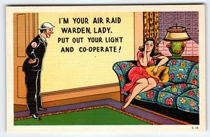 I'm Your Air Raid Warden Linen Postcard Military Man Sexy Women Humor - 1940's - Picture 1 of 2