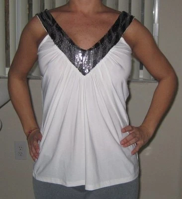 LIPSTICK WHITE DRESSY TANK TOP WITH SILVER/BLACK SEQUIN COLLAR SIZE S - Image 1 of 4