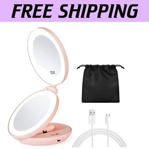USB Rechargeable Lighted Travel Makeup Mirror - 1X/10X Magnification, Pink - Picture 1 of 11