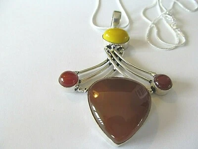 NEW LARGE POLISH CARNELIAN w/YELLOW ONYX BEAD PENDANT STERLING SILVER NECKLACE  - Image 1 of 4