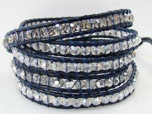 5 Wrap Bracelet Crystal beads adjustable Black Leather