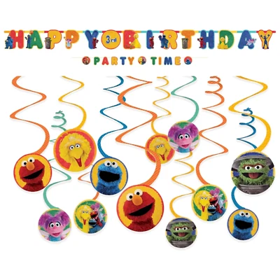 Banner y remolinos de feliz cumpleaños decoración fiesta cumpleaños tema calle sésamo Foto 1 de 3