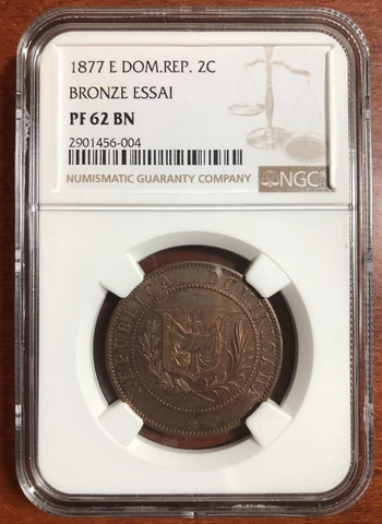 1877 E Dominican Republic 2 Centavos Bronze Essai (Pattern) Coin NGC PR62 BN Cover