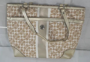 Coach Heritage Chelsea Signature Logo C Shoulder Tote Bag Purse White Gold - Picture 1 of 16