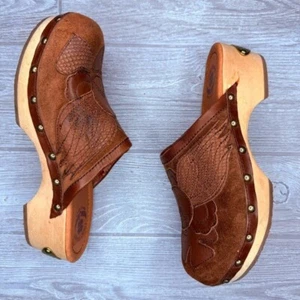Lucky brand Lilac Brown Suede platform wooden heel clog 7.5 retro 70s style - Picture 1 of 9