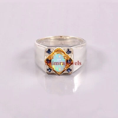 Piedras preciosas de ópalo natural y zafiro con anillo de plata de ley 925 para hombre #1114 Foto 1 de 4