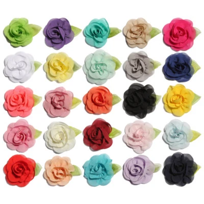 30p Rolled Fabric Chiffon Hair Flowers with Leaves for Hair Clips Accessories - Image 1 of 4