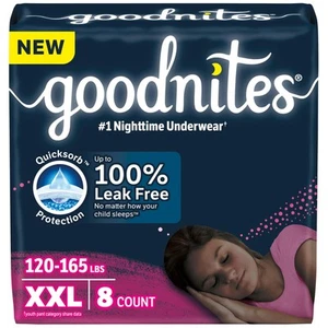 Goodnites Girls' Nighttime Underwear XXL 120-165 lbs 8 Ct - Picture 1 of 9