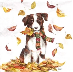 S846# 3 servilletas de papel pequeñas individuales para decoupage otoño perro y hojas otoño - Imagen 1 de 5