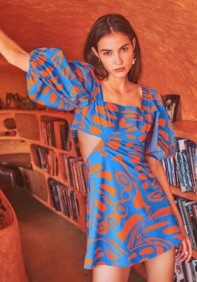 Alexis Bodhi Puff рукав мини-платье оранжевый синий размер маленький - Изображение 1 из 4