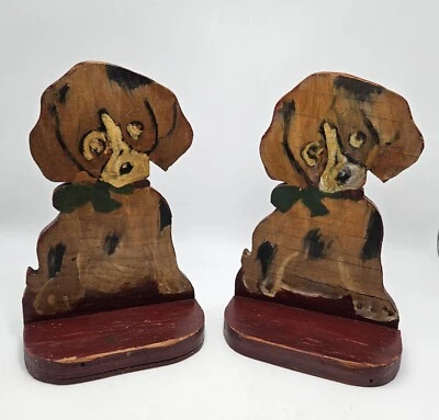 Antique Folk Art Painted Primitive Wooden Puppy Dog Fixed Bookends  - Image 1 of 4