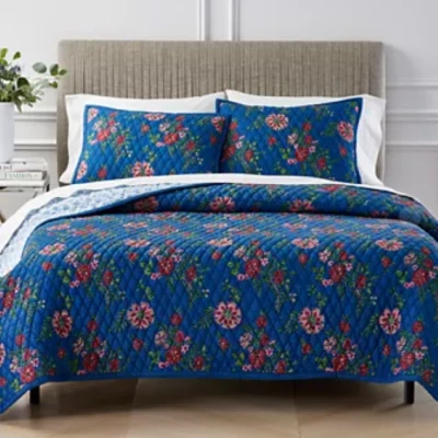 Juego de edredón y fundas Aqua Home reversibles estampadas florales de algodón REINA azul marino Foto 1 de 2