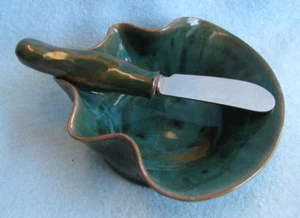 Made in France Small Green Mustard / Jelly Pottery Bowl w/ Knife - Picture 1 of 7