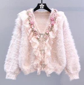 Women's Fashion V Neck Falbala Flower Diamante Knitted Sweater Cardigan Coat  - Picture 1 of 4